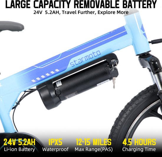 STARMOTO Radspur Elektrische Mountainbike - 20 Inch - 250W Motor - Vering Voorvork - Blauw — afbeelding 4