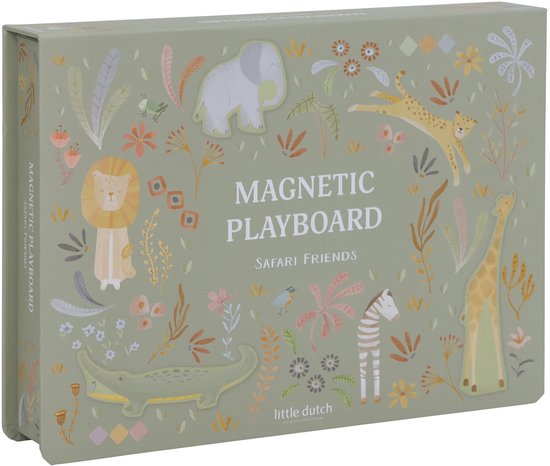 Gesloten magnetisch speelbord met safari dieren illustraties, waaronder olifant, leeuw, zebra en giraf.