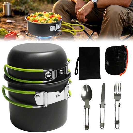 Camping kookset - Kookgerei - Inclusief bestek - Outdooruitrusting - Geschikt voor 1-2 personen - Draagbaar kookgerei voor kamperen - Geschikt voor kamperen, buitenactiviteiten, wandelen, picknicks en barbecues - Groen - Aluminiumlegering — afbeelding 5