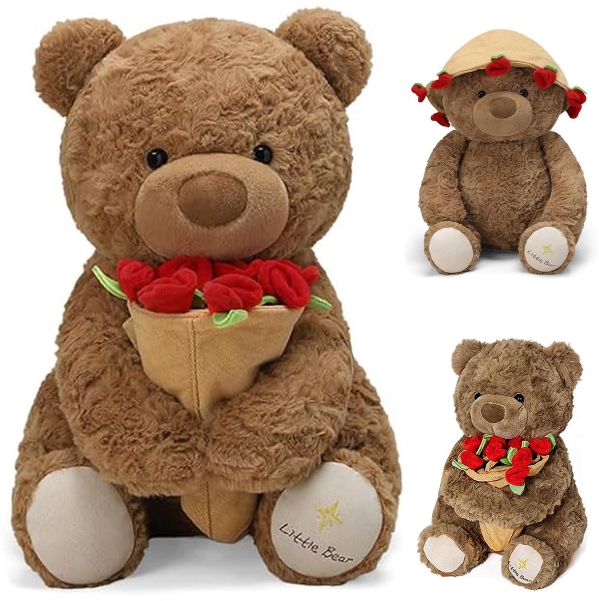 Knuffel - Teddybeer pluche 30CM - Teddy met roos en hoed /Teddybeer met rozenboeket - Bruin