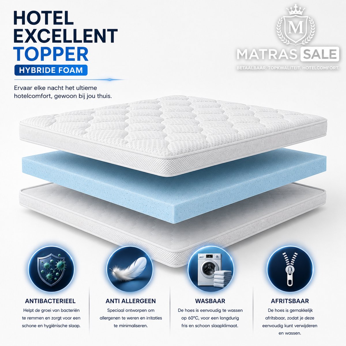 Matras Topper - 180x200 - Koudschuim / Hybride-foam - Topper - Topdekmatras - Topmatras - Matrastopper - Drukverlagend - Ondersteunend - Afneembaar hoes - Tencel - Wit