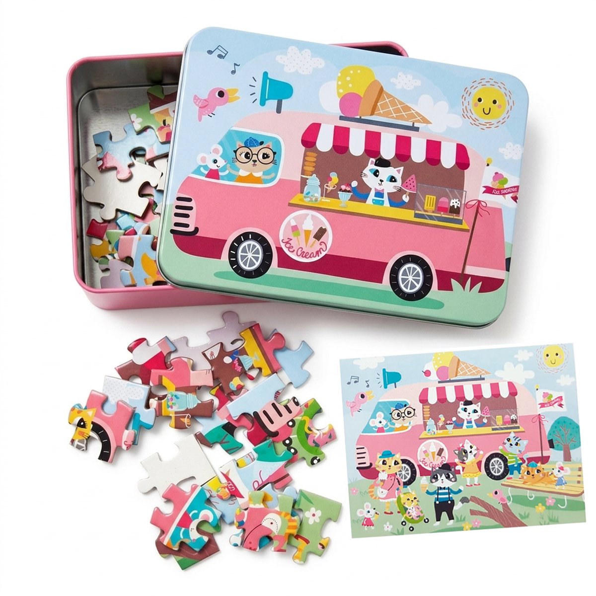 Puzzel Kinderen – 60 Stukjes – Schattige Dieren & IJsjeswagen – Puzzel in Bewaarblikje