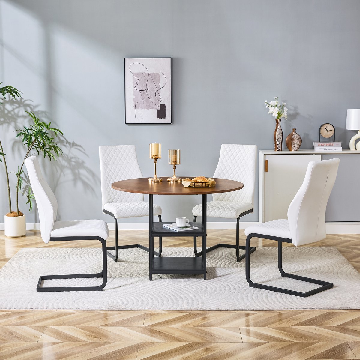 MODENUIT Eettafelset 107 cm - Ronde Tafel Met Dubbele Opberglagen - Voor Eetkamer - MDF En Metaal - Walnoot Wit Zwart Walnoot, Wit en Zwart
