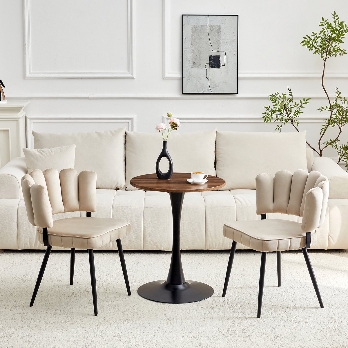 MODENUIT Tafel- En Stoelset - Ronde Tafel 60 Cm - Met Samt Stoelen En Zwarte Metalen Poten - Voor Eetkamer En Woonkamer - MDF En Stof - Lichtkoffie Licht Koffie, Walnoot En Zwart
