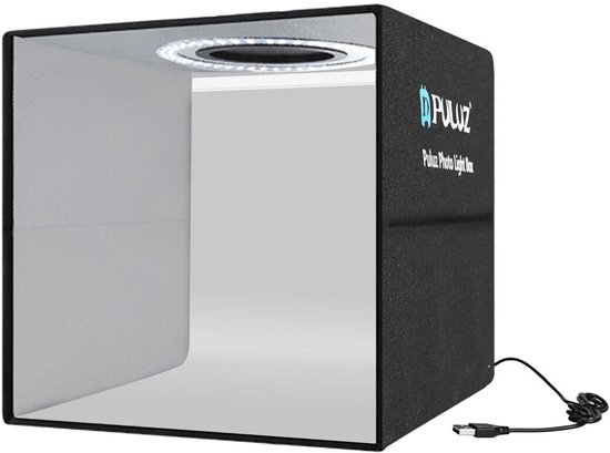 Puluz opvouwbare fotostudio lichtbox met ringlamp en USB-kabel.