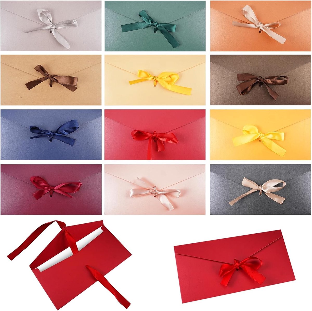 Kleurrijke Vintage Kraftpapier Enveloppen met Lint, 12 Stuks, 22 x 11 cm, Perfect voor Uitnodigingen en Verjaardagskaarten, Gemaakt van Parelglanspapier, Ideaal voor Cadeaubonnen en Feestelijke Gelegenheden