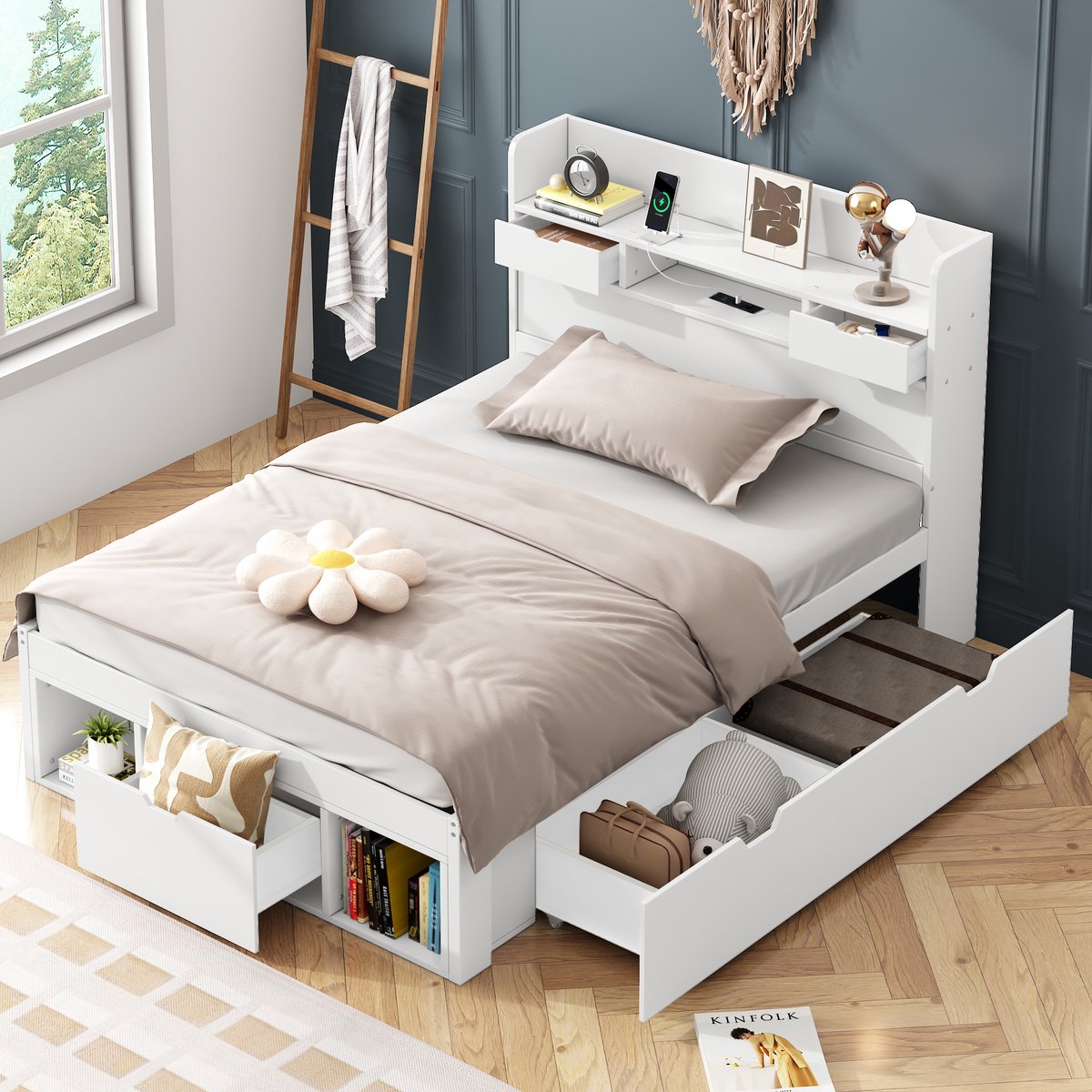 Kinderbed - voor matras 90 x 200 cm - wit - met USB-aansluiting en opbergruimte en lattenbodem - matras niet inbegrepen - voor de slaapkamer