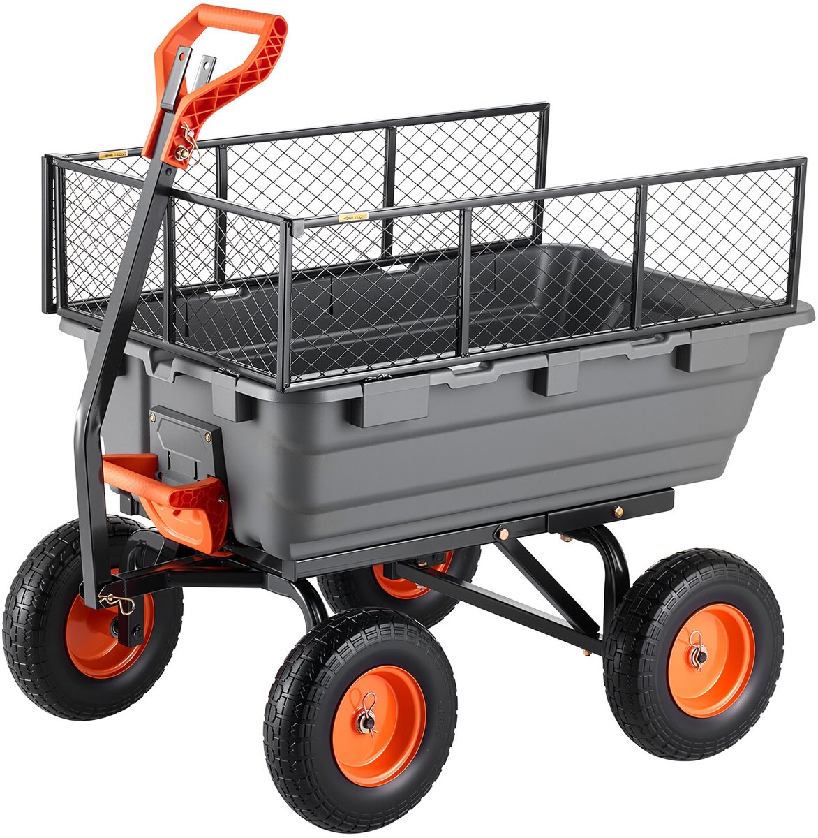 Tuinkar met Kantelfunctie, 544 Kg Draagvermogen, 270° Draaibare Transportkar voor Tuinieren, Vervaardigd uit Kunststof en Staal met 13 inch PU-Banden en Metalen Hekwerk voor Gebruik op Gras, Grind en Modder