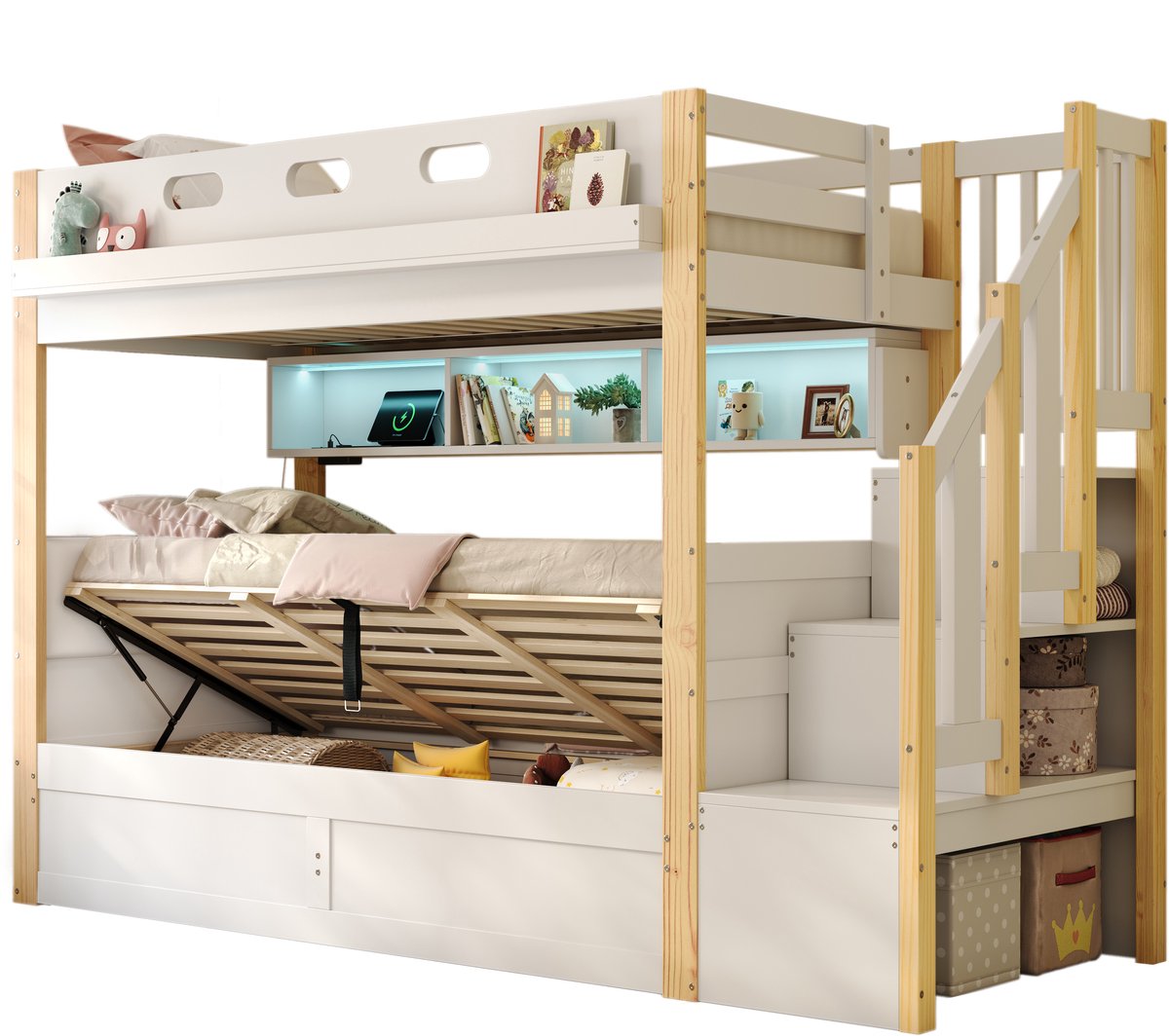 MUVANO Stapelbed - Kinderbed - Hoogslaper - Opbergbed - Hydraulisch - Opbergtrap - LED-verlichting - USB - Kinderkamer - 90x200 cm - Wit - Natuur