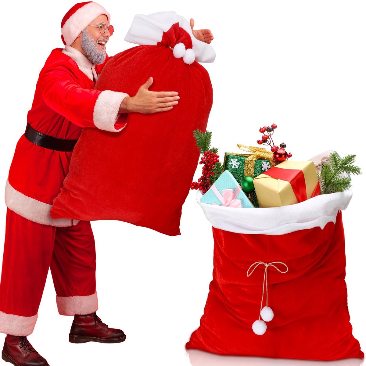 Kerst Cadeauzak Groot 100x70 cm – Luxe Fluwelen Kerstman Zak – Herbruikbare Geschenkzak met Trekkoord – Kerstdecoratie voor Cadeaus en Speelgoed – 1 Stuk