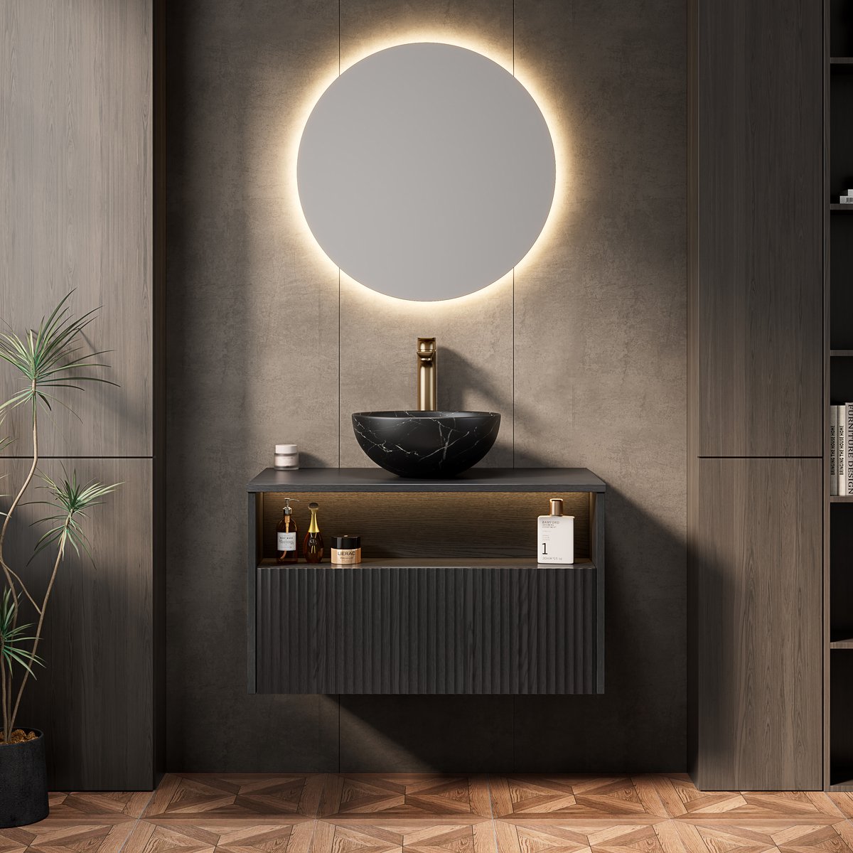 Hangend badkamermeubel met wastafel - Ruimtebesparend design - 80 cm - Zwart - Keramische waskom met steenpatroon - Soft-close lade & open vak - LED-sensor & voorgemonteerd