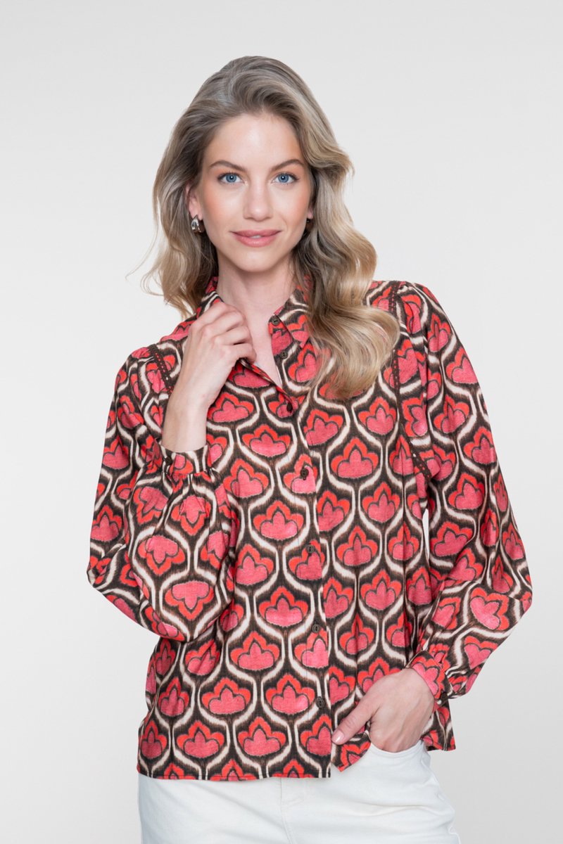 Geisha Blouse Blouse Met Retro Print En Lange Mouwen 63641 20 Red/brown Dames Maat - XS