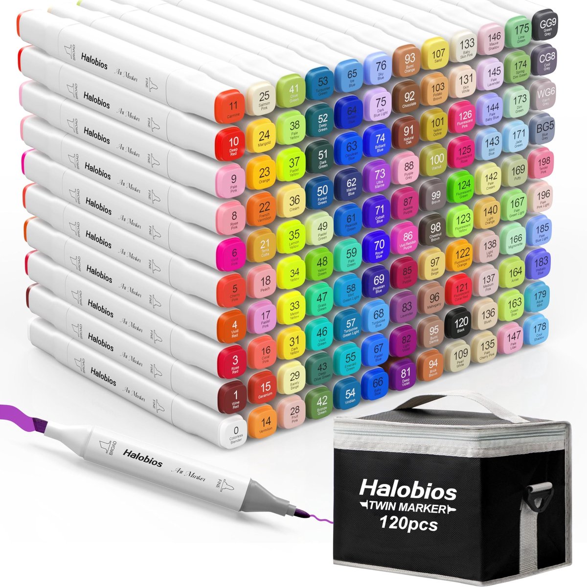 Elzusha - 120 Kleuren Alcohol Markers Set Dubbele Punt met Draagtas