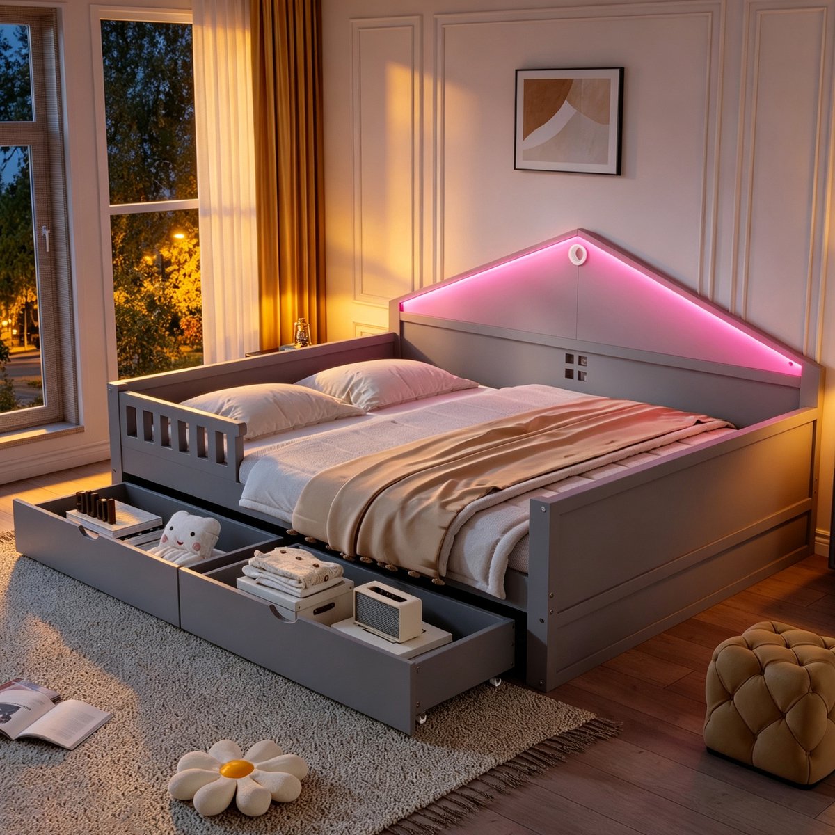 VVBV Kinderbed 140x200 cm - Opbergruimte, LED-Verlichting, Met Lades, Met Lattenbodem - Grijs, Massief Hout & MDF