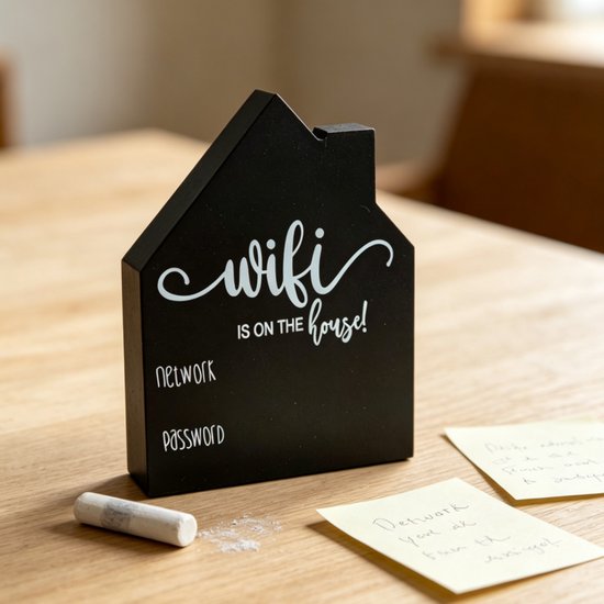Tableau noir en forme de maison avec 'wifi IS ON THE house!' en lettres blanches. De la craie et des post-it jaunes sont à côté.