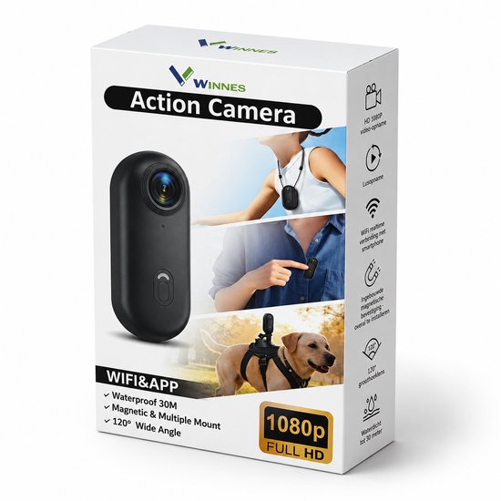 Zwarte mini-actiecamera op een verpakking met afbeeldingen van een persoon die de camera draagt en een hond met de camera op zijn harnas.