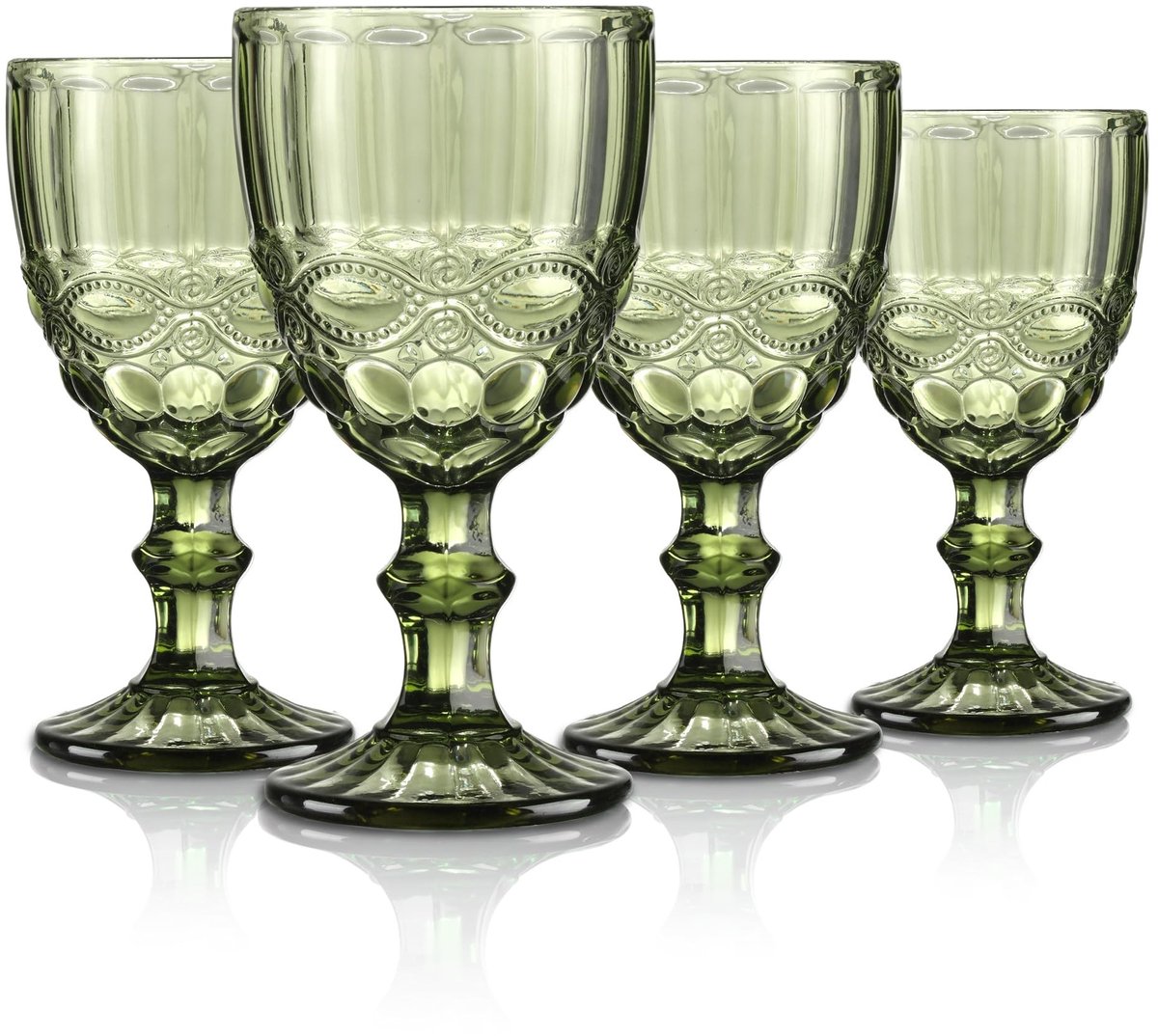 Elzusha - Set van 4 Vintage Wijnglazen 300ml Groen - Met Slijprand en Reliëf - Vaatwasserbestendig
