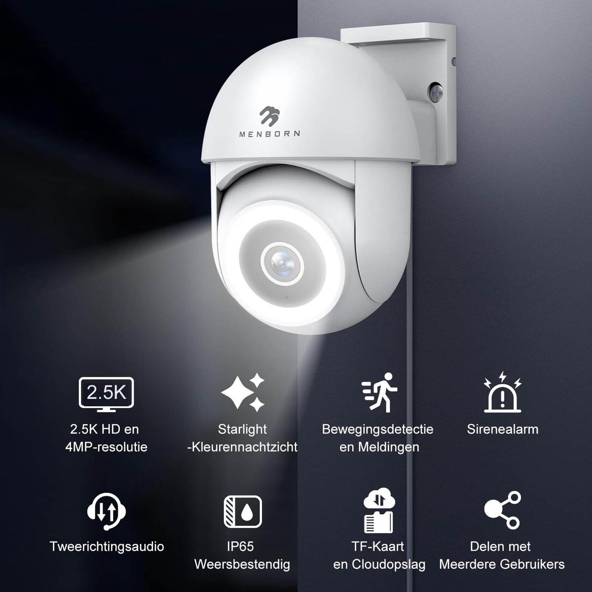 Elzusha - 2.5K Buiten Beveiligingscamera WiFi 2.4GHz met 360° Rotatie en Kleuren Nachtzicht