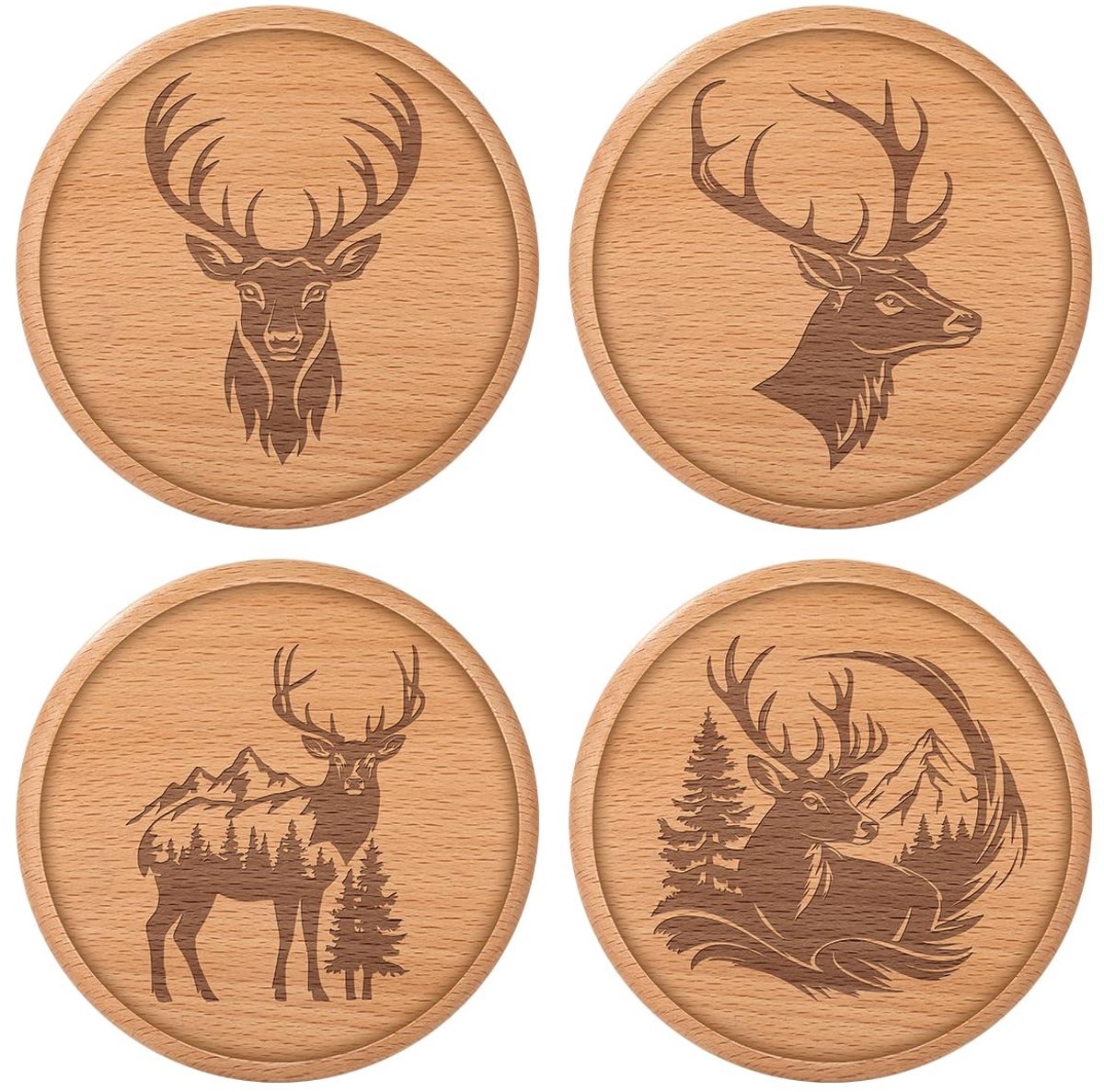 SolidKeus - Set van 4 Houten Hertenonderzetters