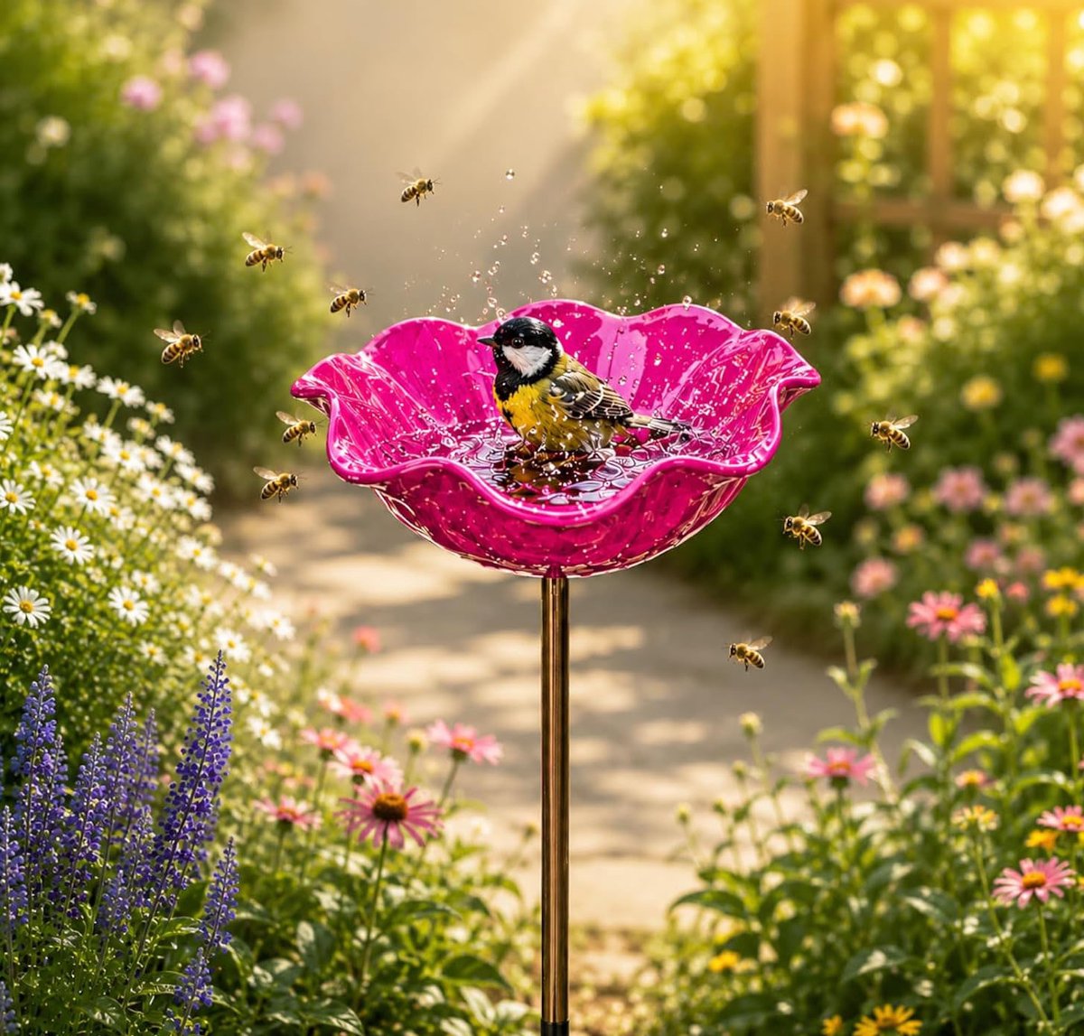Vogelbad voor de tuin – Drinkplaats voor insecten – Bijenbad – Bloemmotief – Terrasdecoratie – Metalen bloem – Diameter 15 cm – Rozegekleurd
