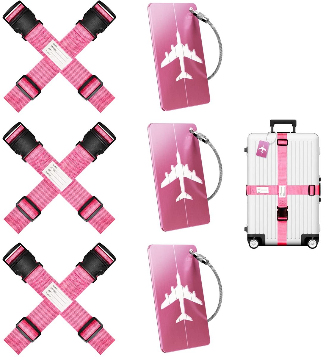 SolidKeus - Set van 6 Kofferspanners met 3 Bagagetags (Roze)