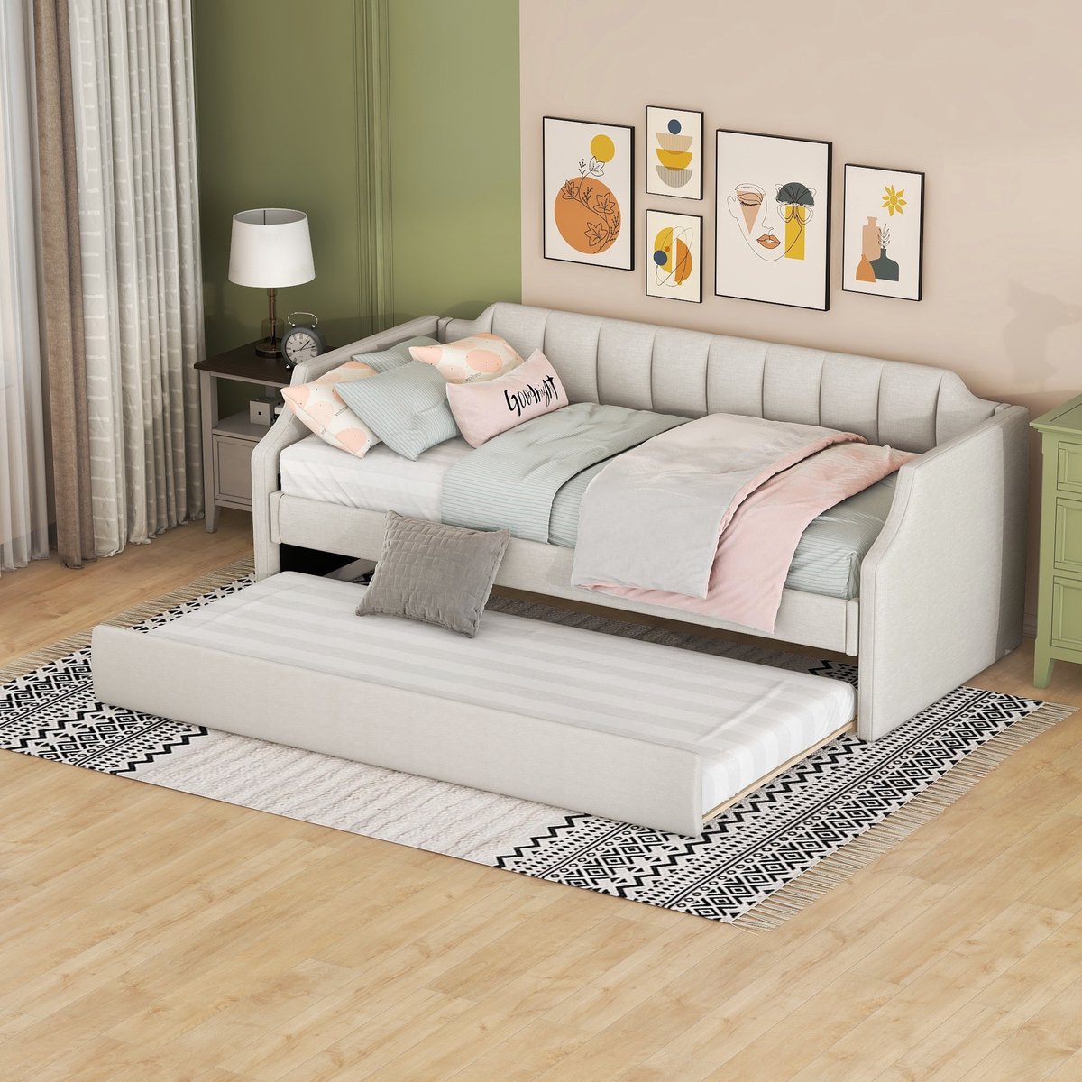 Bedframe - voor matras 90 x 200 cm - beige - afmetingen 97 x 213 x 81 cm - maximaal belastbaar 120 kg - matras niet inbegrepen - voor de slaapkamer