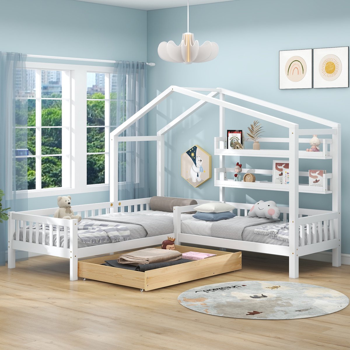 Kinderbed - voor matras 90 x 200 cm - wit - met USB-aansluiting en lattenbodem - matras niet inbegrepen - voor de slaapkamer