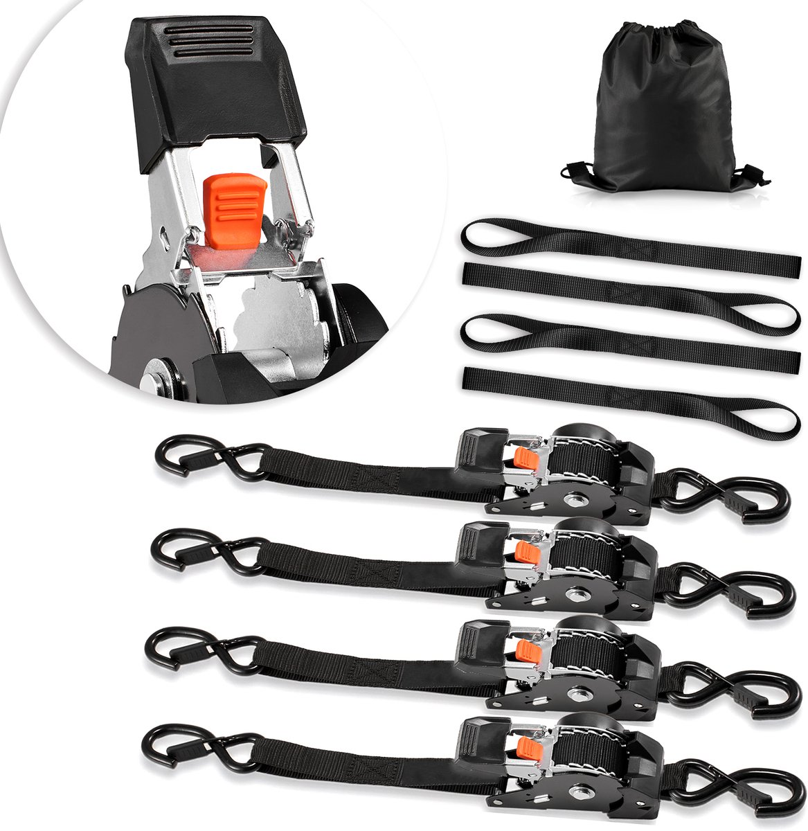 Automatische Spanbanden, 25,4 X 3048 mm, Spanbanden met S-Haken, Breeksterkte 544 Kg, 4 Zachte Lussen, Ratelsysteem voor Transport, Aanhangers, Motoren, Kajaks, Autodaken, Set van 4