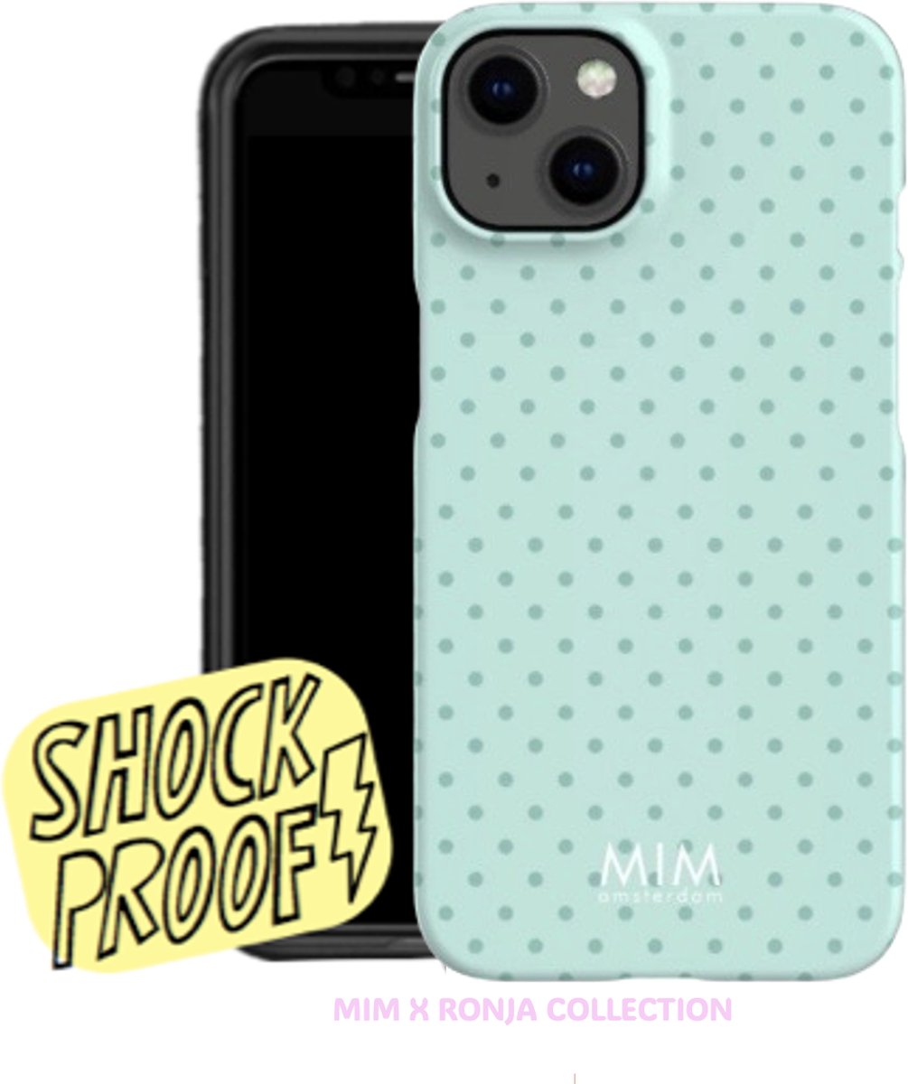 MIM Amsterdam - Mint To Be - Geschikt voor iPhone 17 - Telefoonhoesje - Shockproof Case - Blauwe stippen Hoesje - Beschermhoes - Trendy Phone Case