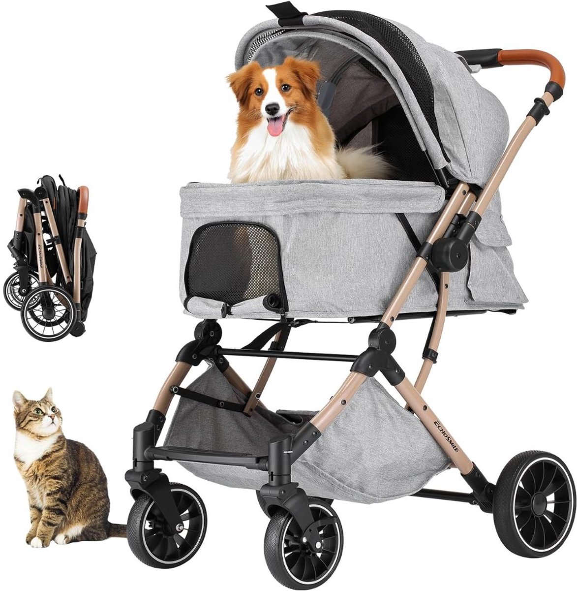 NIVA® Hondenbuggy - Luxe Wandelwagen voor Huisdieren - Hondenkar - Grijs - 71cm x 56cm x 103cm