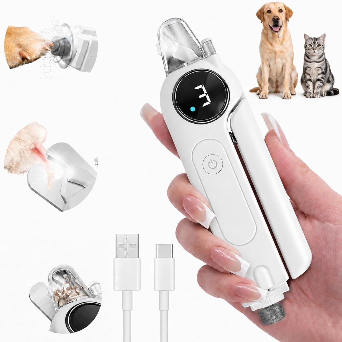 2-in-1 stille elektrische nagelknipper en -slijper met verlichting voor honden en katten | Dubbele LED-verlichting, 3 snelheden, spatbescherming, oplaadbaar via Type-C, stil ontwerp voor angstige honden en katten