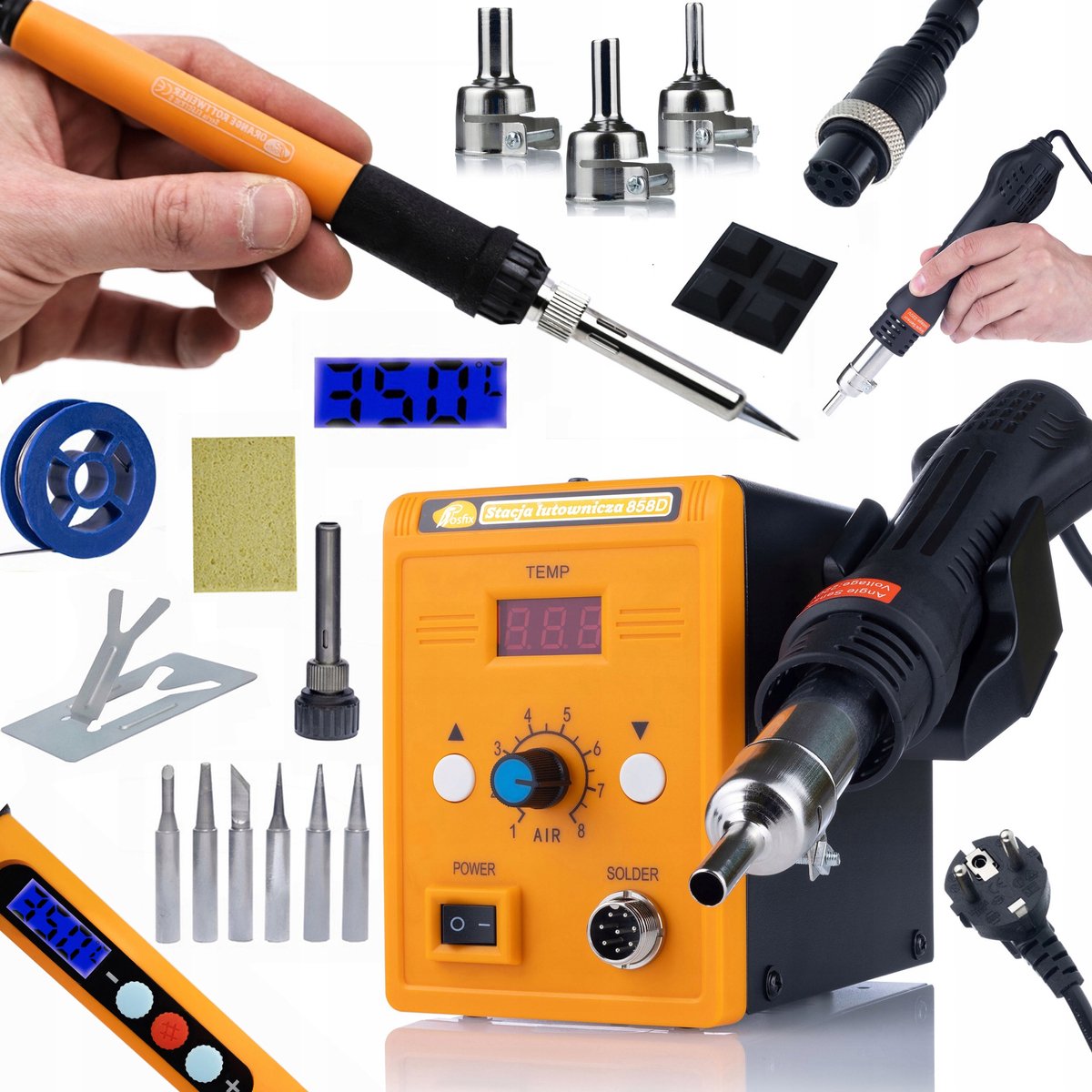 Rosfix Hot-Air Soldeerstation 858D Set - 700W, 100–500°C - 3 Spuitmonds Set, 60W Soldeerbout