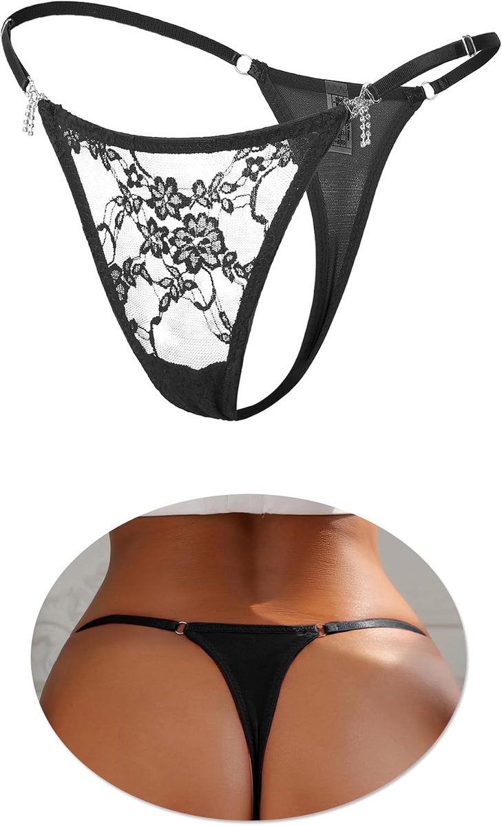 Ohmydear Sexy tanga, dames, chique, kant, string, koord, verstelbare riem, micro-G-string, T-rug, lingerie, grote maat, damesondergoed met strass