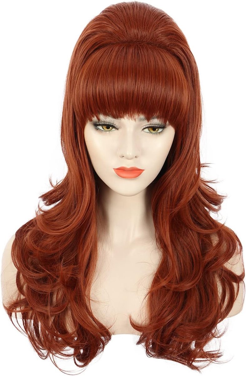 Volwassen Vrouwen Lange Golvende Gember Auburn Pruik Grote Rode Kostuum Bouffant Bijenkorf 60s 70s Thema Party Pruik