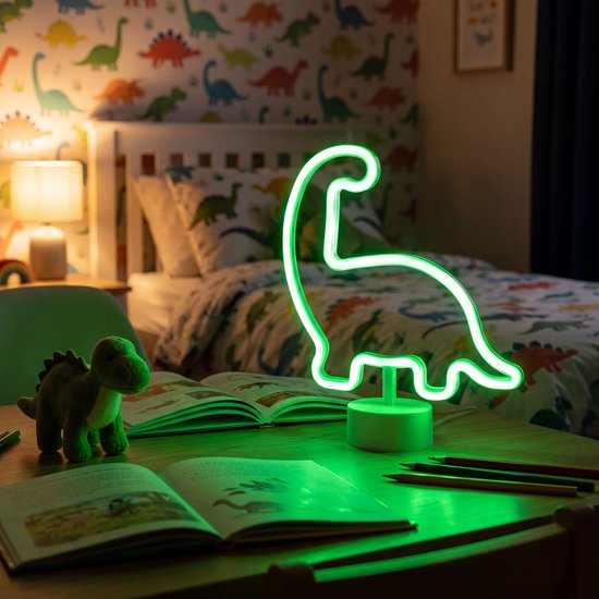 Dino Lamp - Neon LED nachtlamp Dinosaurus - Groen - USB & Batterij - Decoratieve Kinderkamer Lamp - 28,5 x 24,5 cm van Dino. — afbeelding 4