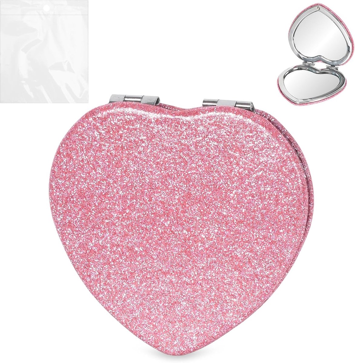 2 x draagbare zakspiegel, roze hartvorm, zakspiegel, glanzende zakspiegel voor meisjes, dubbelzijdige zakspiegel met vergroting, zakspiegel, klein, perfect voor make-up en reizen