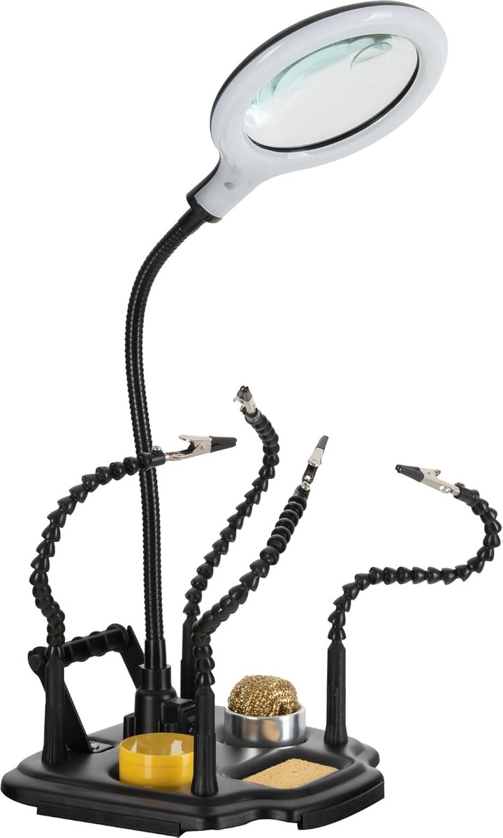 LH-440 Soldeerhulp met Loeplamp, Vier flexibele, 0 meter | Helpende Hand voor Knutsel- en Soldeerwerk, 26 cm lange armen met kroko-klem, Buigzame loep met LED-verlichting