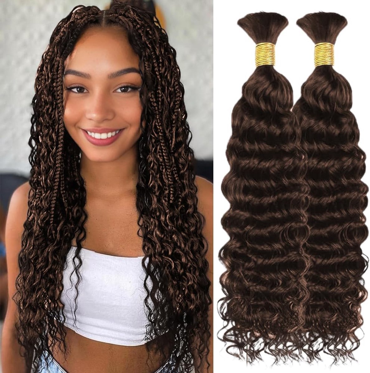 Chocolate Brown Water Wave Bulk Human Hair for Braiding 2 Bundles 100g 14 14 Inch 100% Unprocessed Brazilian Virgin Human Hair Boho Braids Hair Human Braiding Hair No Weft