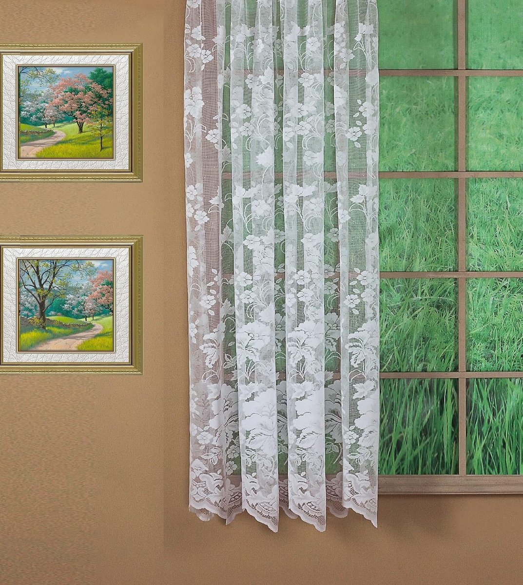 Curtain Floral Vine Lace Panel 63", Wit, 60W x 63L