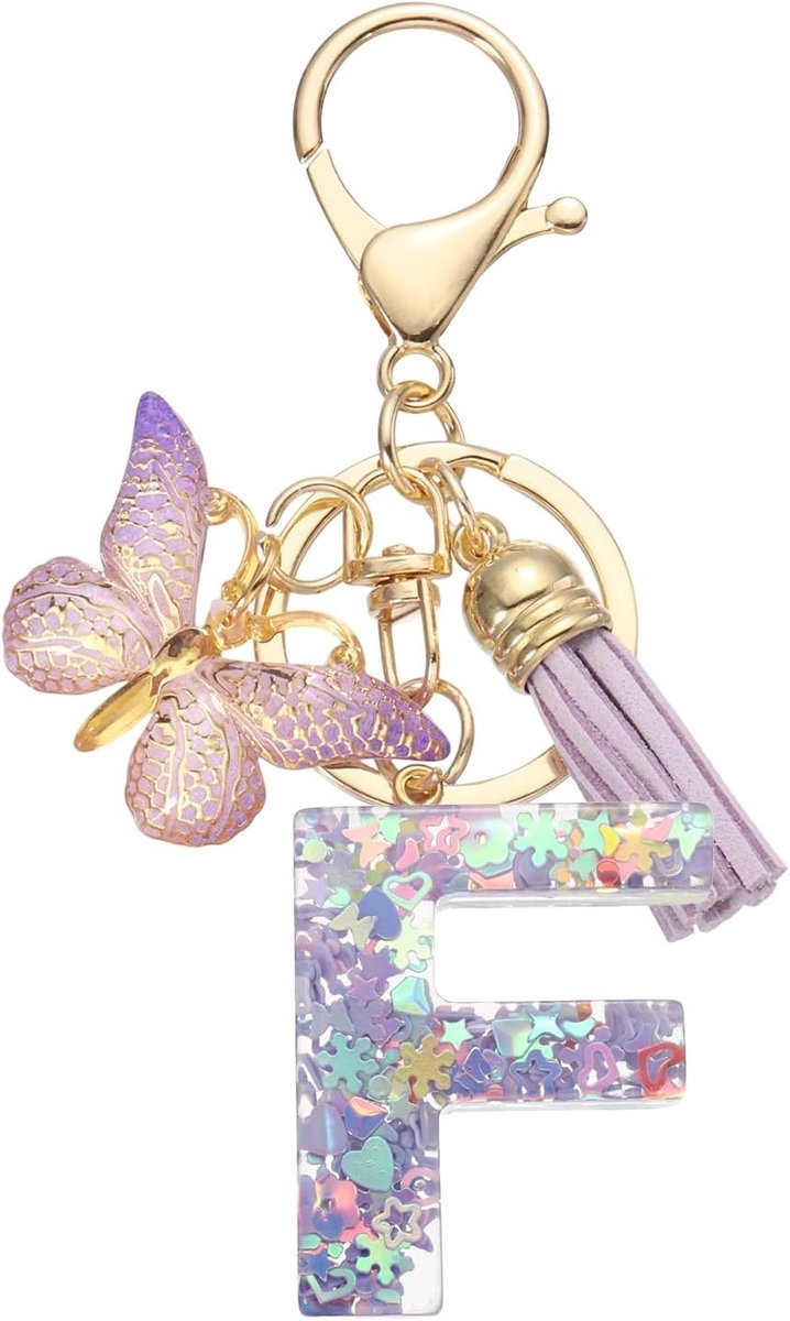 Alfabet eerste letter F sleutelhanger, schattige kwastje vlinder sleutelhanger, paars