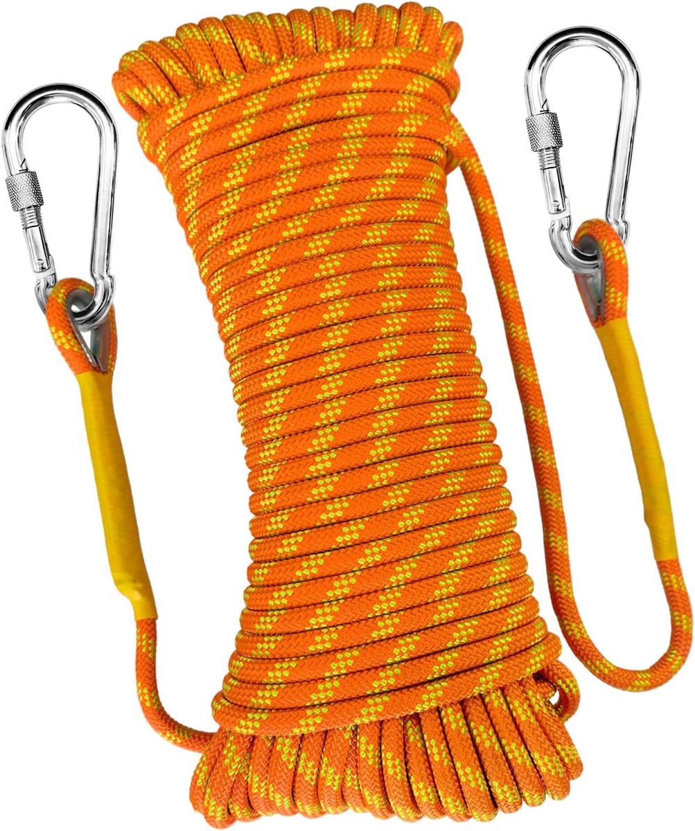 40m Statisch Touw 12mm Outdoor Bergbeklimmen Touw met 2 Stalen Haken Heavy Duty Voor Reddingsboten Parachutes Wandelen Camping UIAA Certificering Fluorescent Oranje
