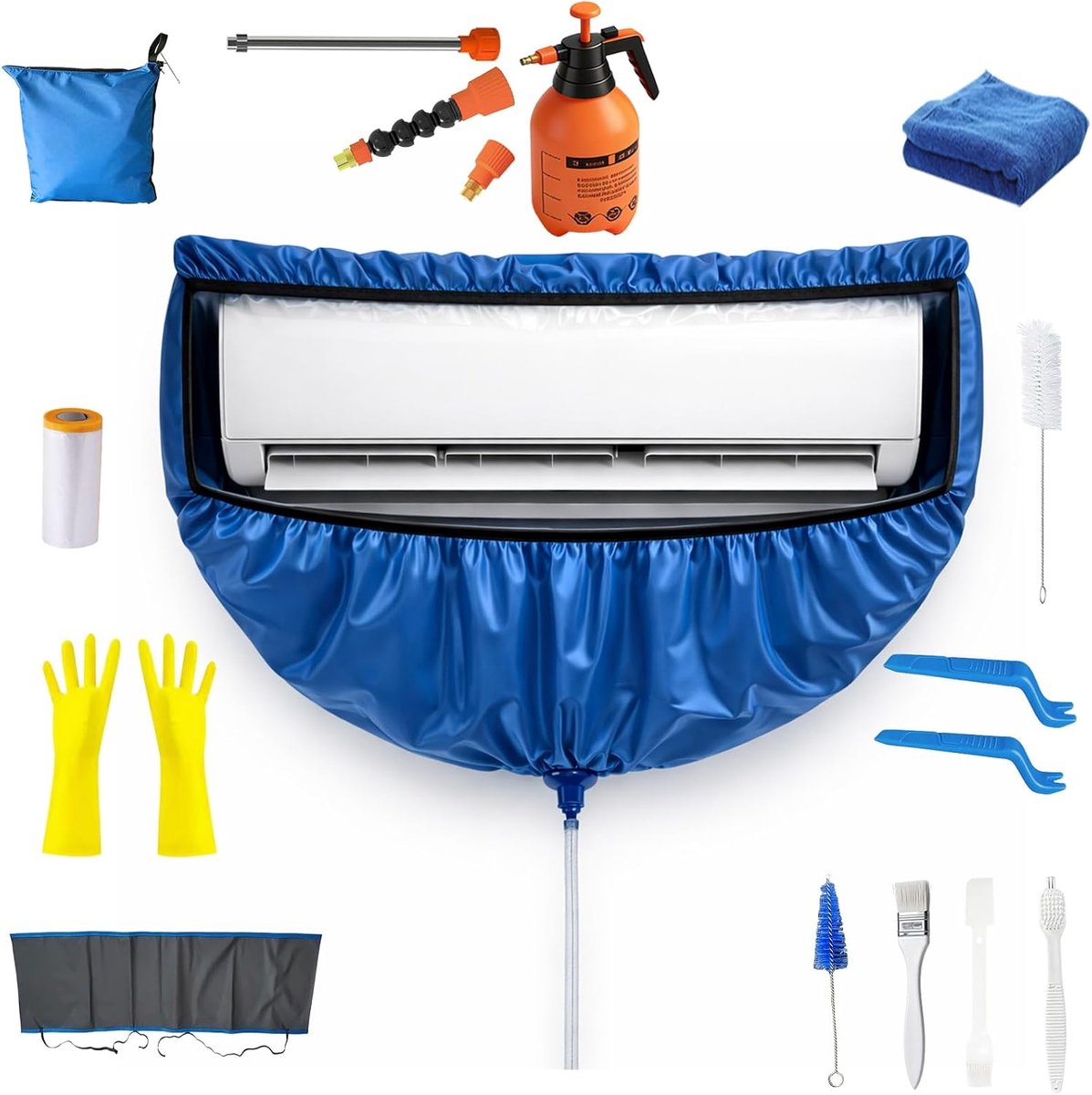 Airconditionerreinigingsset met dubbelzijdige zijpanelen, dik gecoat waterdicht materiaal, split airconditioning, reiniger, afdekking voor wandapparaten, blauw, maat 2XL