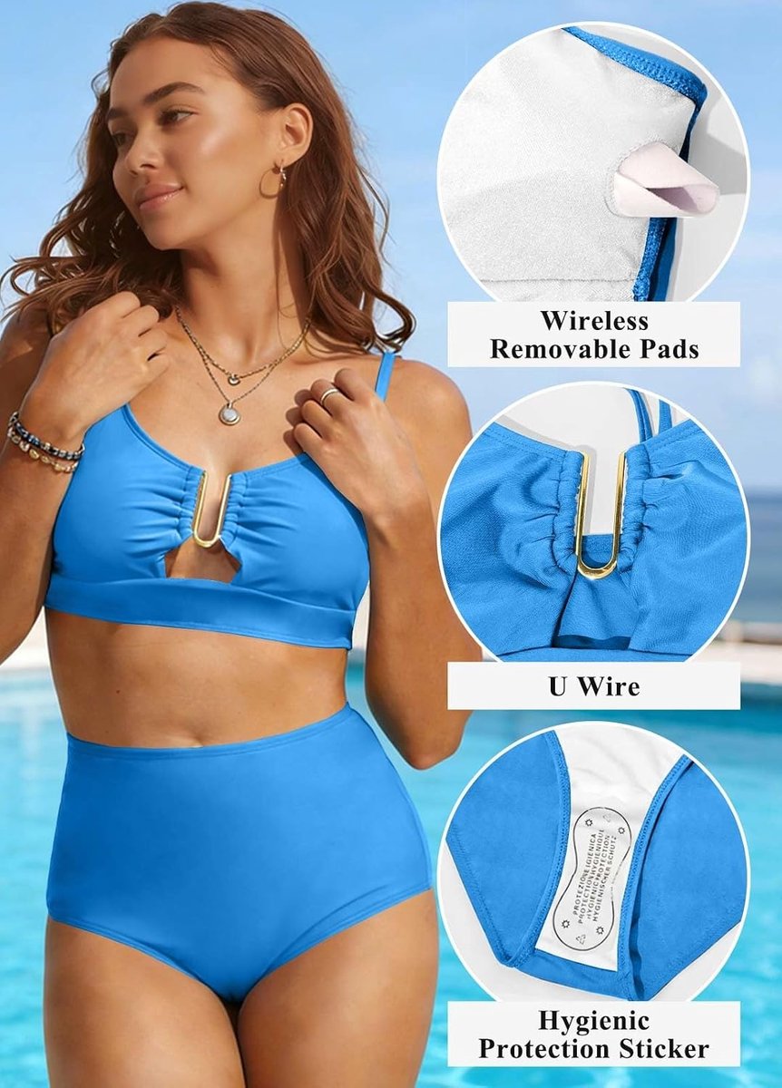 Badpak voor dames, 2-delig, hoge taille, bikiniset, push-up, gekruiste rug, sexy, tweedelige badpakken, platte buik, geplooid, zwemkleding, 2-delig, U-hals, metaal, elegant, strand