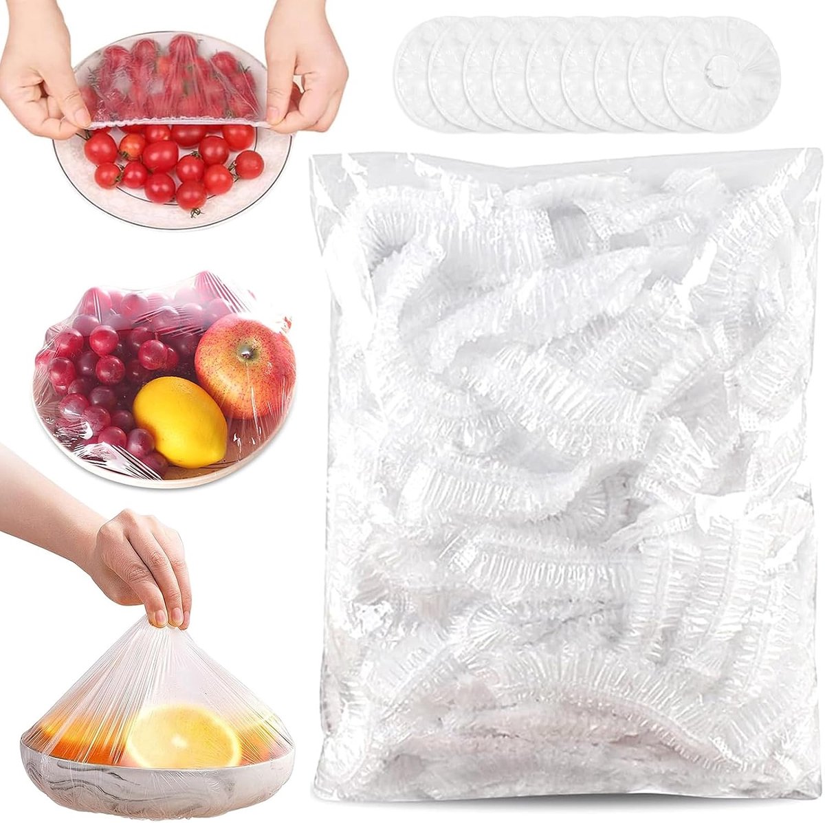 300 stuks elastische afdekkingen, vershoudfolie met elastiek, afdekhoezen voor levensmiddelen, afdekhoezen voor levensmiddelen, vershoudfolie voor het bewaren van levensmiddelen.