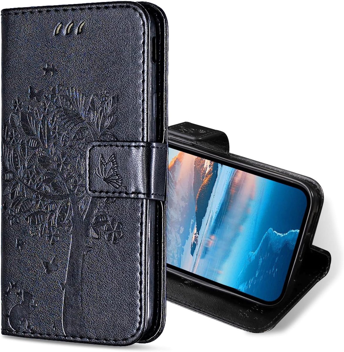 Hoesje voor Huawei P40 Lite, Kunstleren Bookcase Hoes met Pasjeshouder, Retro Kat en Boom Telefoonhoesjes Wallet Case voor Huawei P40 Lite (Zwart)