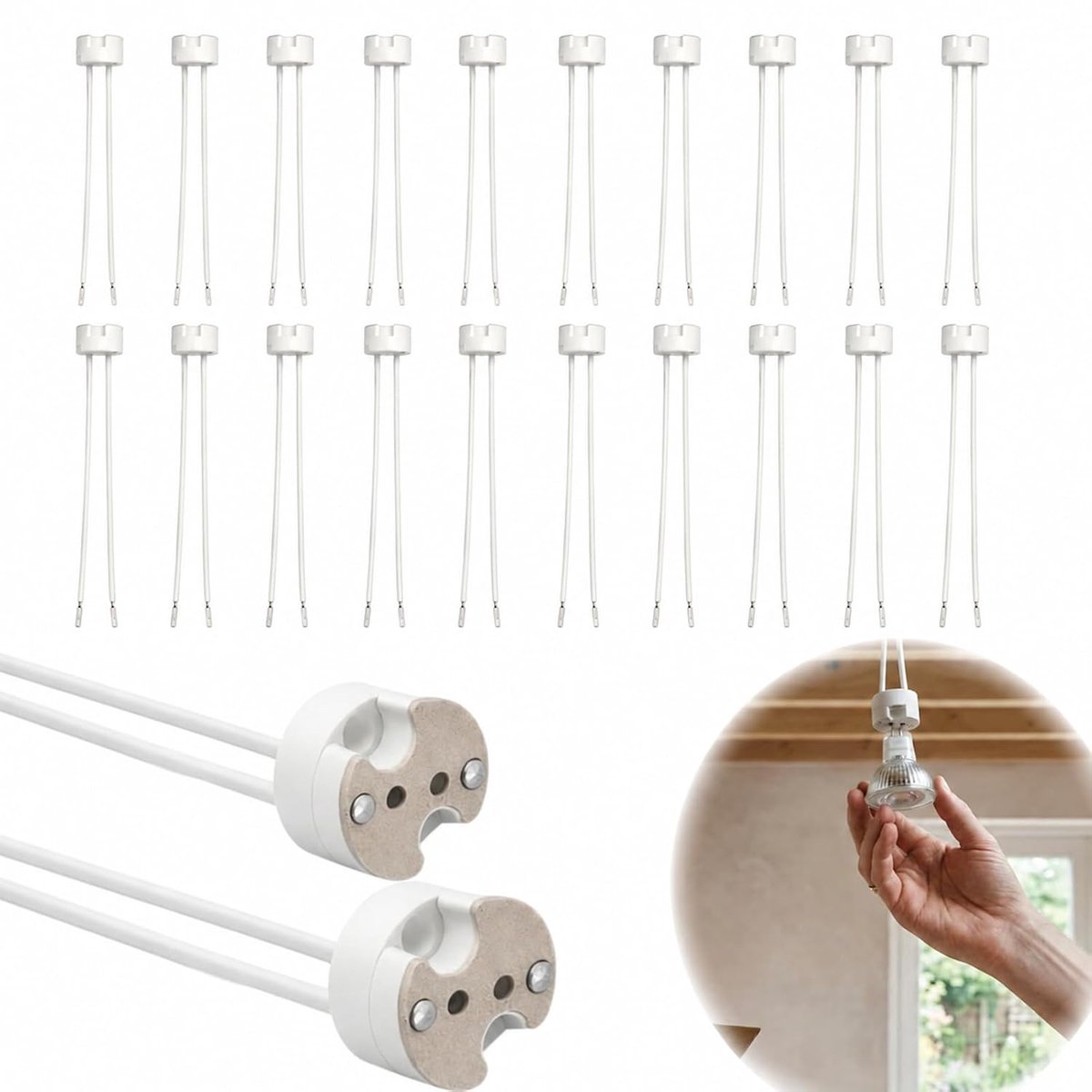 20 stuks keramische fitting GU5.3 MR16 12 V met siliconen kabel 14 cm, lamphouder voor led- en halogeenspot, compatibel met G4 GU4 G6.35 GX5.3, hoge temperatuurbestendigheid voor binnenverlichting