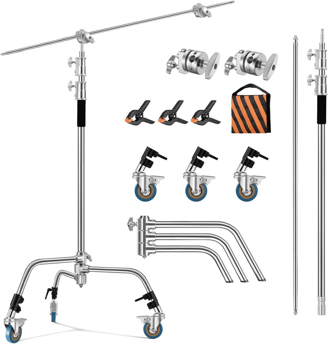 C Stand 3 m roestvrij staal heavy duty met galgstatief 330 cm en 130 cm houderarmkit, 4 grip hoofd instelbaar, lichtstatief, voor softbox, opnamestudio, monoverlichting, fotoreflectoren,