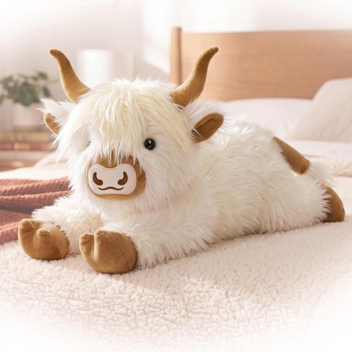 Shownicer Verwarmend pluche kussen Schotse hooglander (wit, 50 cm)