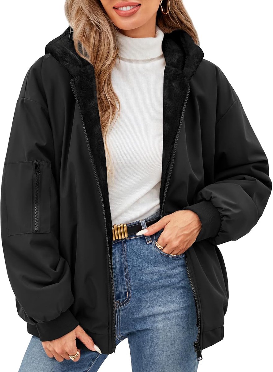 Winterjas voor dames, fleecejas, warm, omkeerbaar, sherpa, parka's, ritssluiting, capuchon, sweatshirt, dik, casual, buitenjas met zakken