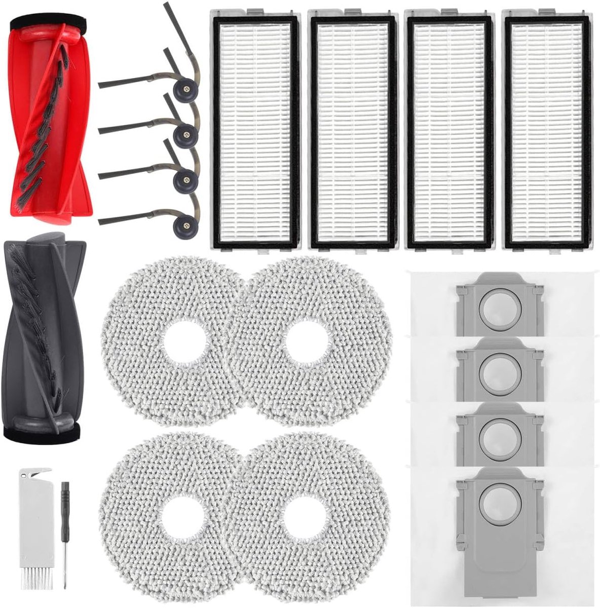 Accessoires voor Roborock Qrevo S5V/Qrevo Curv/Qrevo Curv S5X/Qrevo Edge S5A robotstofzuiger, 1 hoofdborstel, 4 zijborstels, 4 stofzakken, 4 reinigingsdoekjes, 4 HEPA-filters